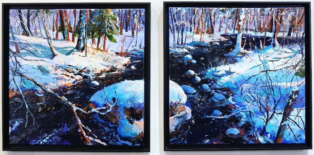 Adam O'Day, Snowy Beaver Brook Diptych, Oil on canvas, 24 x 48 inches, 2022