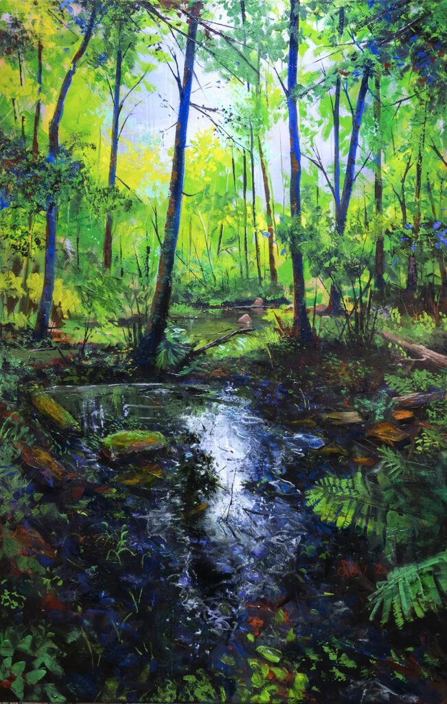 Adam O’Day, Ames Nowell Swamp, Oil on canvas, 72 x 40 inches, 2022