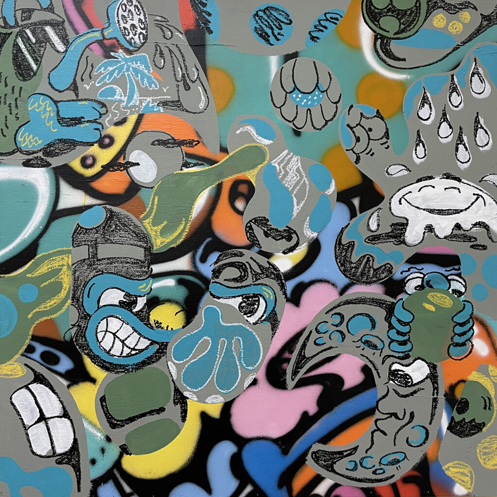 926 Spenser Macleod, Always Dancin’, Spray paint and oil stick on panel, 36 x 36 inches, 2022