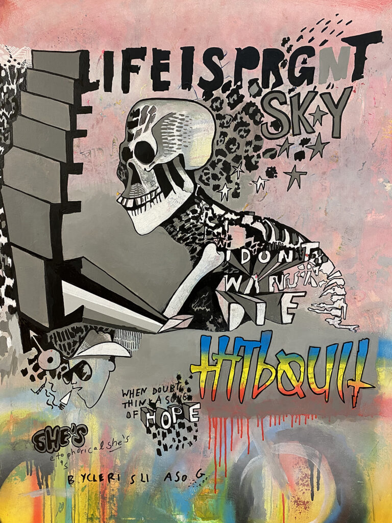 Christopher Thibault, Doomscroll, Acrylic and spray paint on canvas, 40 x 30 inches, 2020