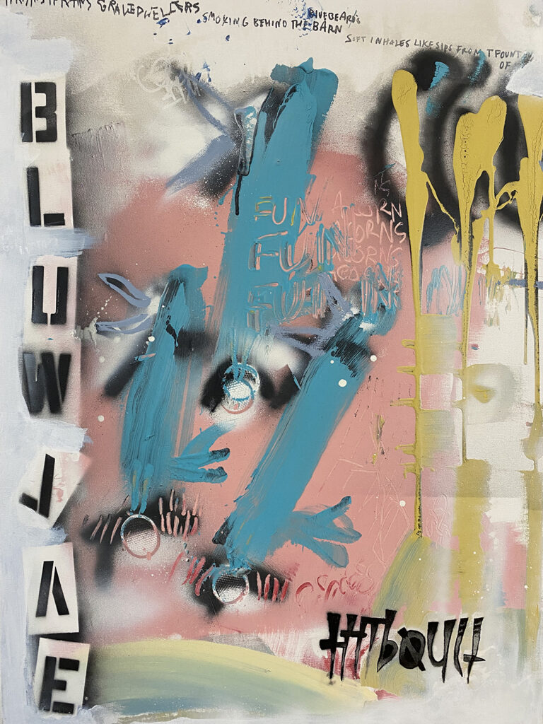Christopher Thibault, Bluw Jaes, Acrylic, sharpie, and spray paint on canvas, 40 x 30 inches, 2019, $1200
