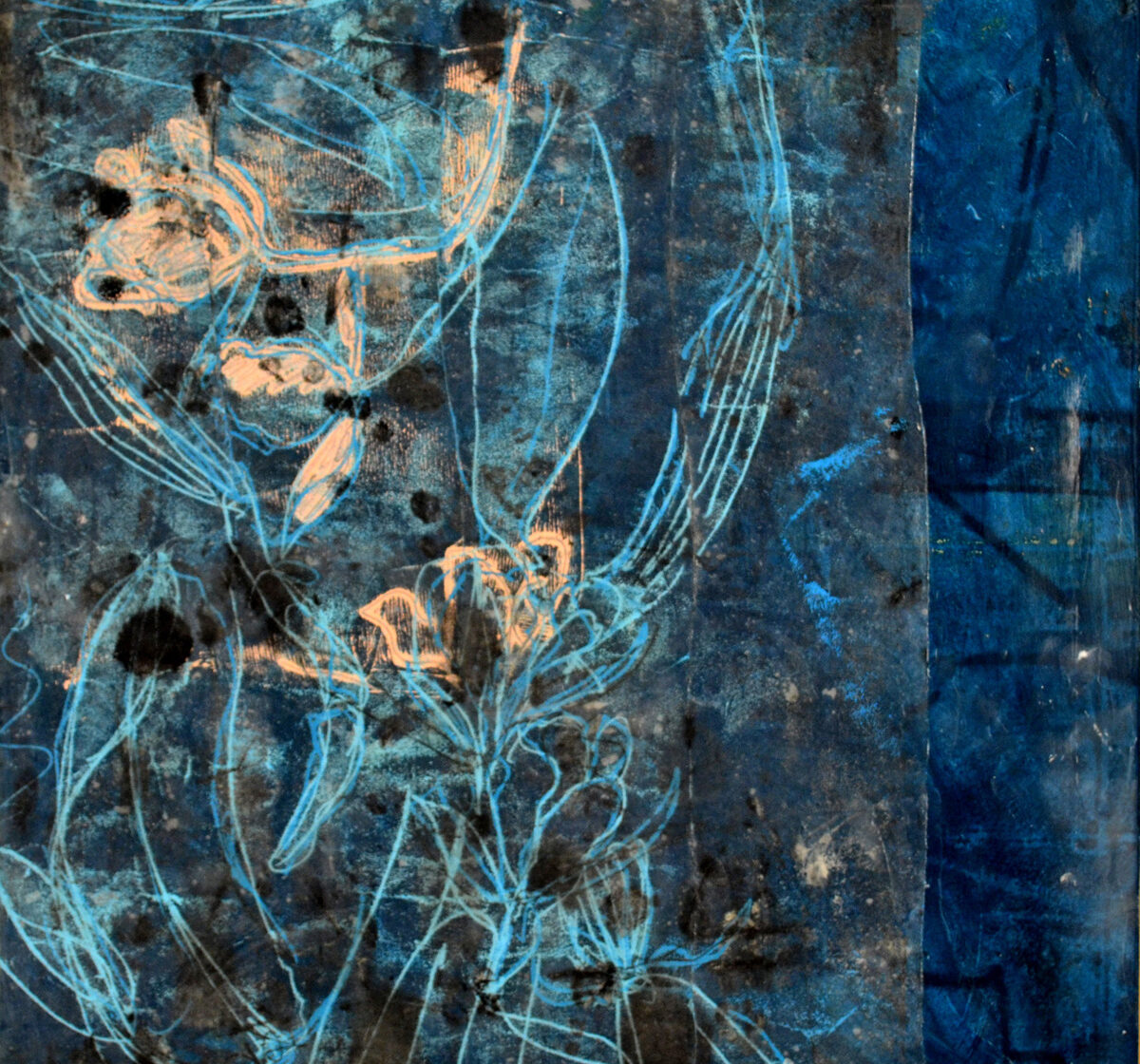 01 Debra Claffey, Coral Petal, Oil, encaustic, monotype collage on panel, 16 x 16 inches, 2020