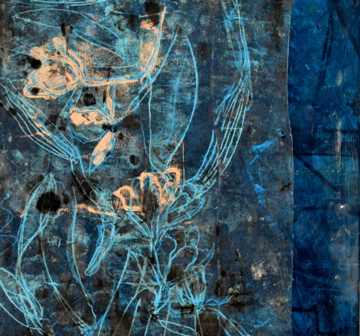 01 Debra Claffey, Coral Petal, Oil, encaustic, monotype collage on panel, 16 x 16 inches, 2020