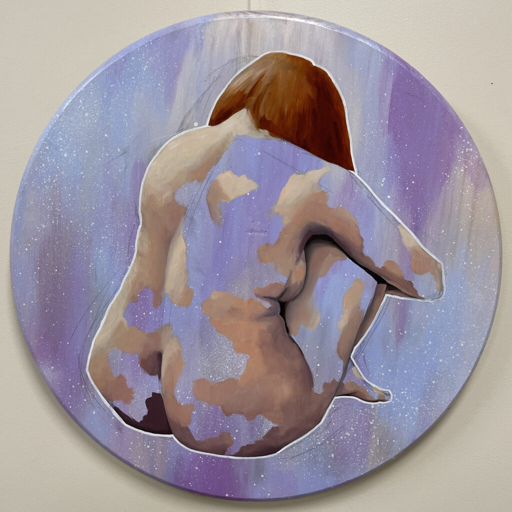 Laura Harper Lake, Holding On, Oil paint, acrylic paint, spray paint, pencil on wood, 20 inches diameter, 2022, $1100