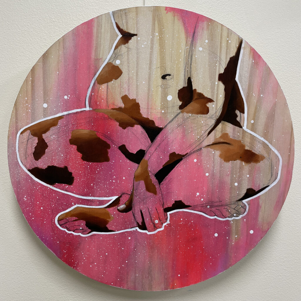 Laura Harper Lake, Musing, Oil paint, acrylic paint, spray paint, pencil on wood, 15 inch diameter, $650