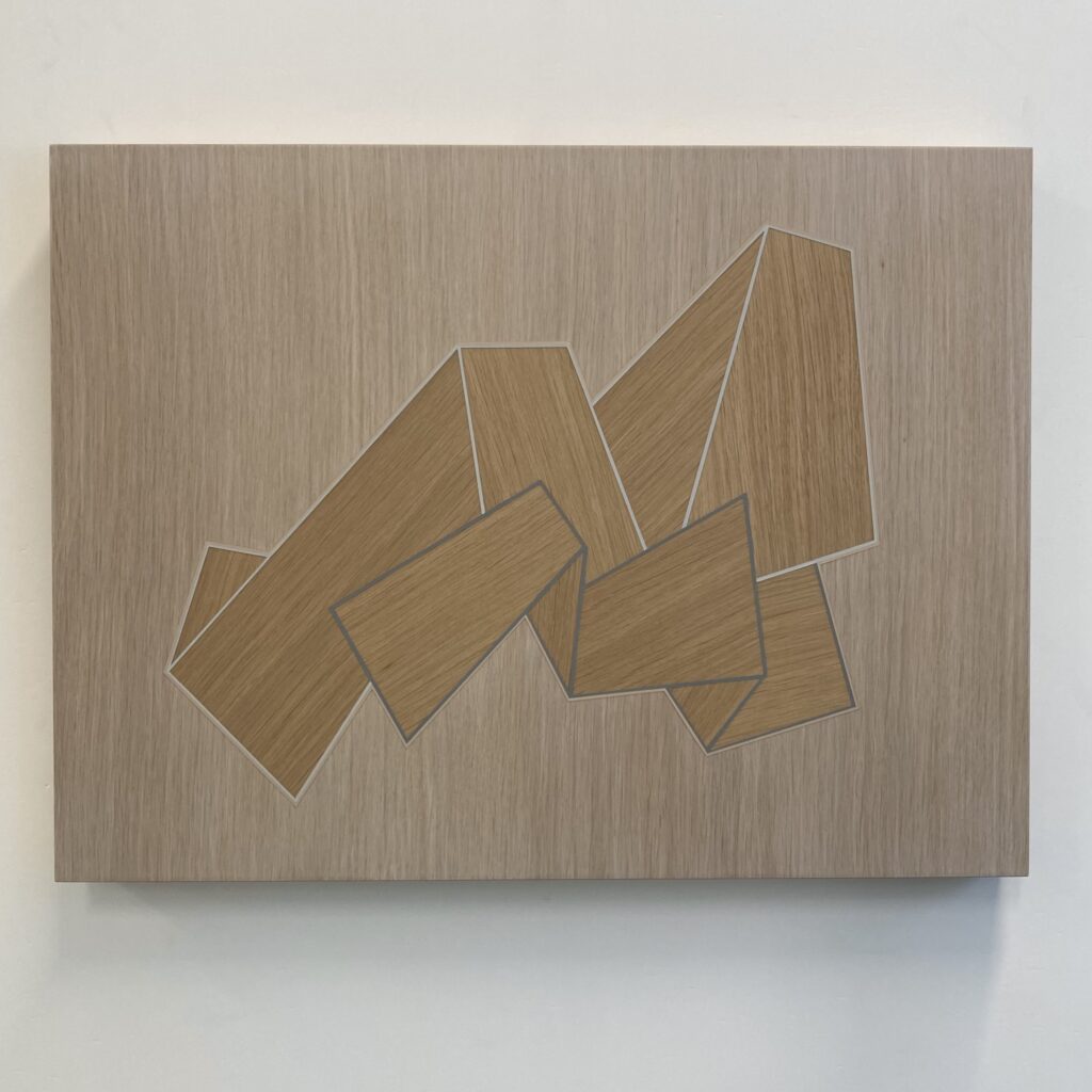 Trevor Toney, Folding Space, Baltic birch plywood, oak veneer, acrylic paint, 18 x 24 x 2 inches, 2023