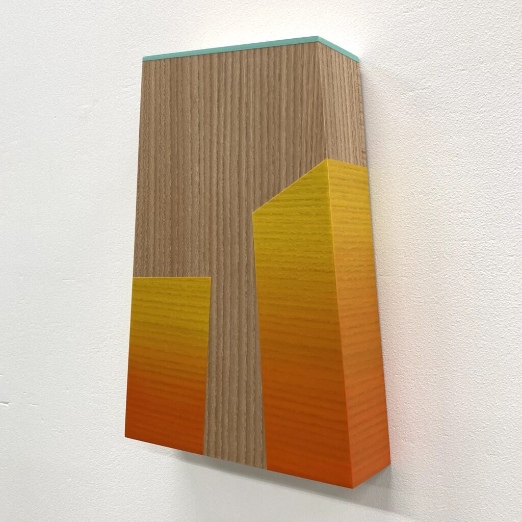 Trevor Toney, Hot Tamales, Baltic birch plywood, elm veneer, acrylic paint, 10 x 7 x 2 inches, 2023