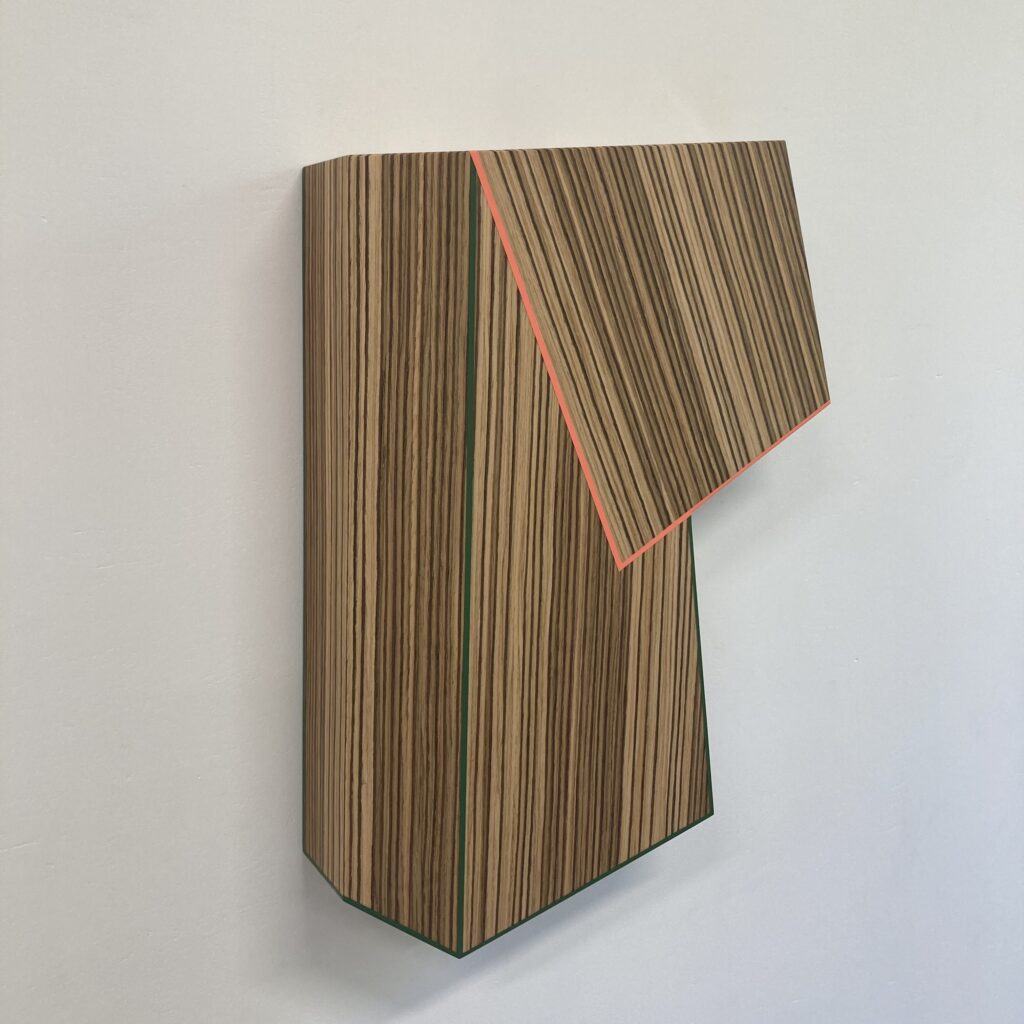 Trevor Toney, Dimensionally Irreverent, Baltic birch plywood, reconstituted zebra wood, acrylic paint 15 x 10 x 2 inches, 2023