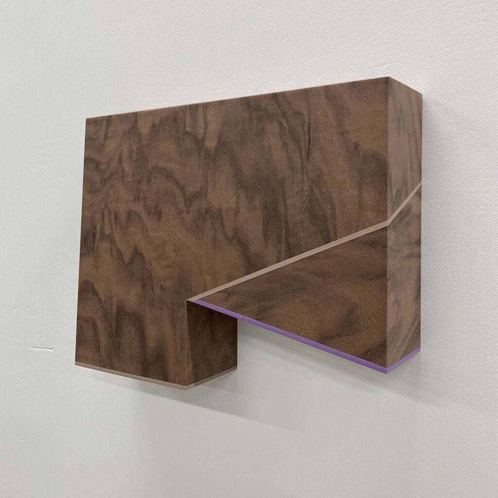 Trevor Toney, Plateaus Make the Mountain, Baltic birch plywood, walnut veneer, acrylic paint, 12 x 10 x 3 inches, 2023