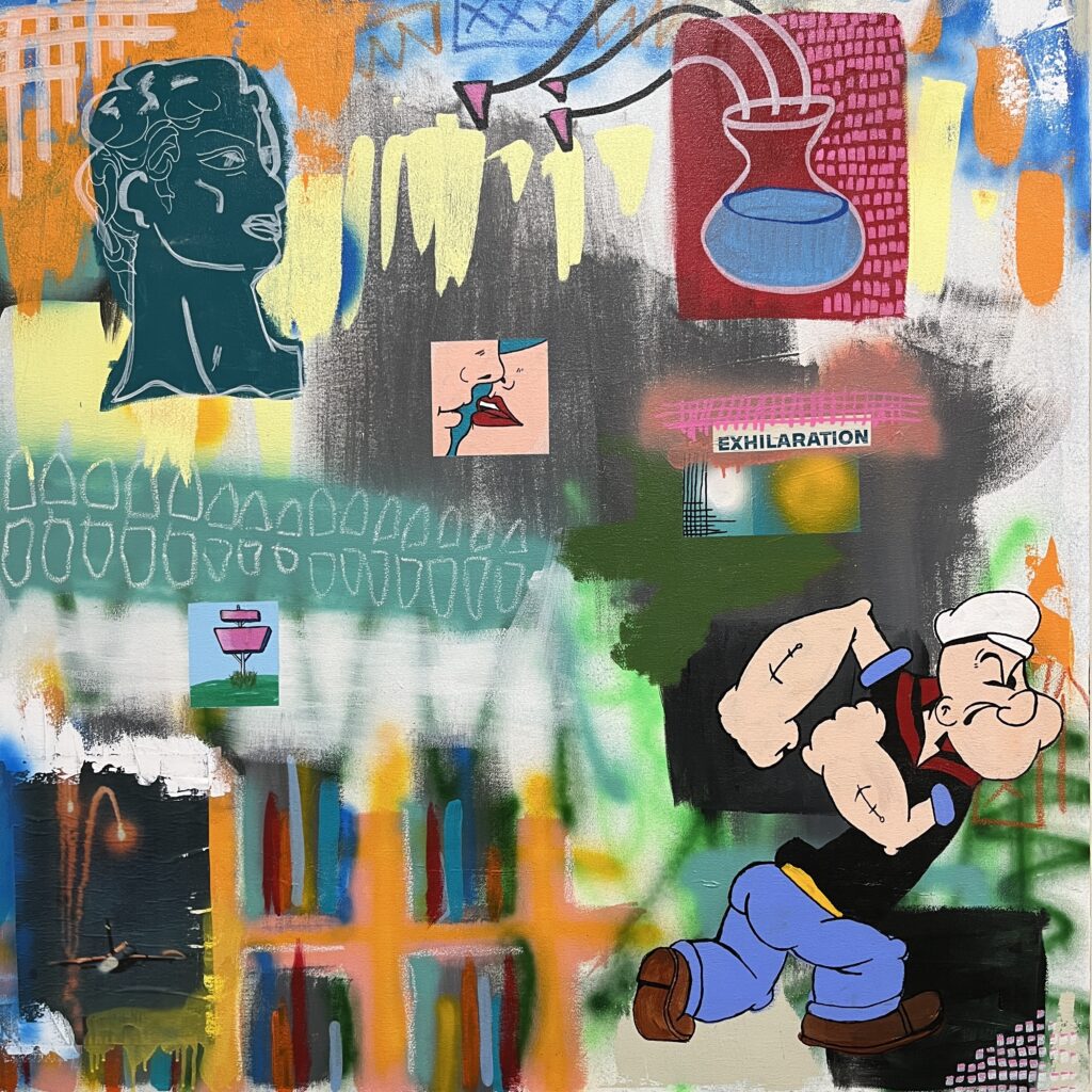 Zach Tinker, 'Exhilaration,' Acrylic, oil pastel, acrylic paint marker, spray paint, found imagery on canvas, 2023, $400