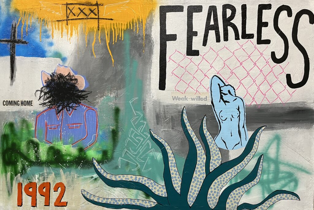 Zach Tinker, 'Fearless,' Acrylic, oil pastel, acrylic paint marker, spray paint, found imagery on canvas, 2023, $400