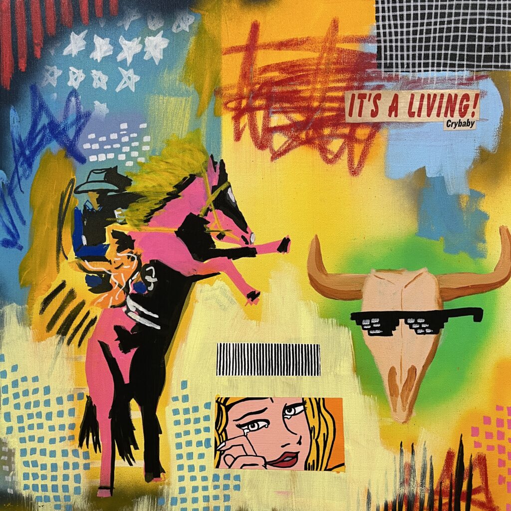 Zach Tinker, 'ITS A LIVING,' Acrylic, oil pastel, acrylic paint marker, spray paint, found imagery on canvas, 2023, $300