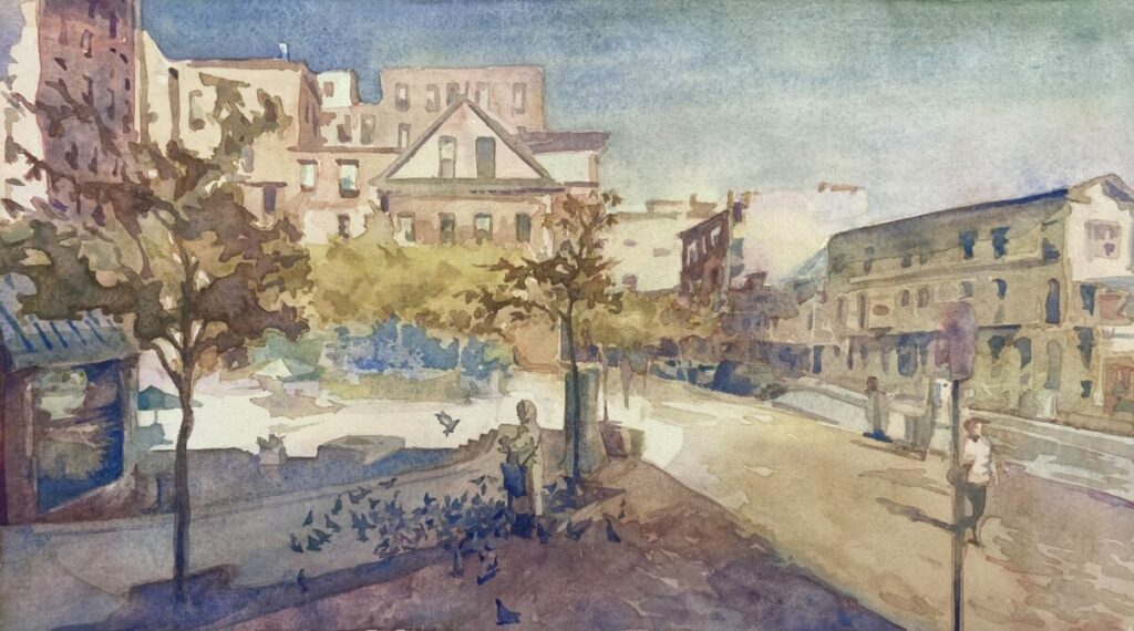 Sean Ware, Congress Square Park, Watercolor on paper, 18 x 10 inches, framed to 22 x 14 inches, 2024, $1,200