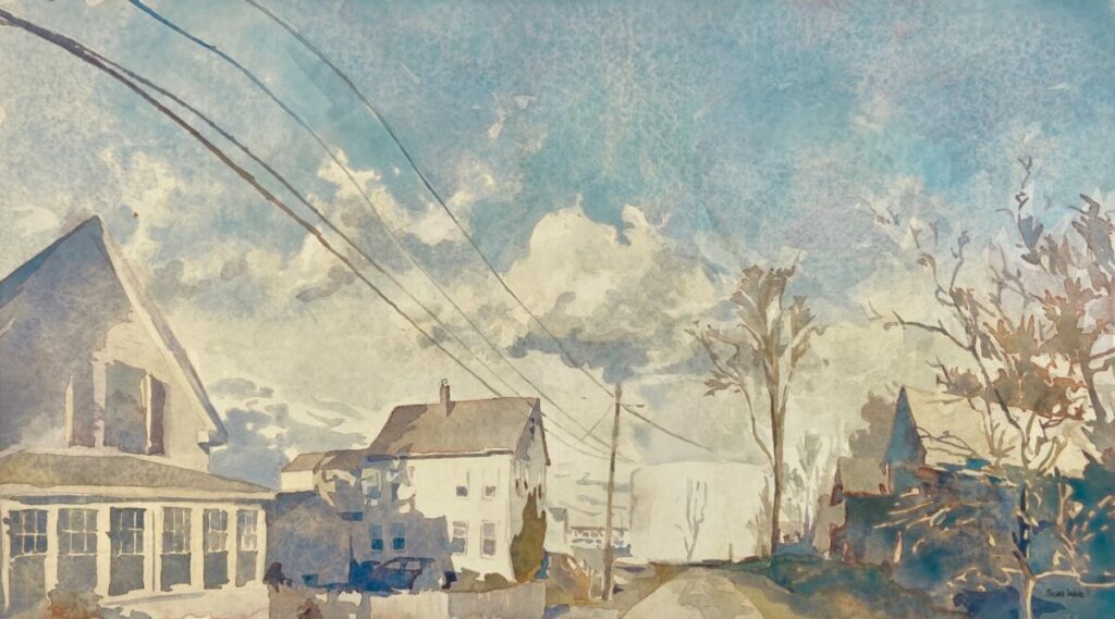 Sean Ware, South Portland, Watercolor on paper, 18 x 10 inches, framed to 22 x 14 inches, 2023, $1,200
